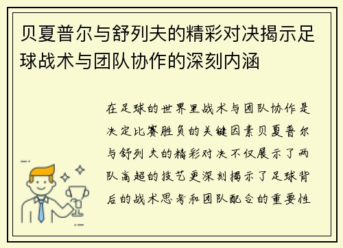 贝夏普尔与舒列夫的精彩对决揭示足球战术与团队协作的深刻内涵
